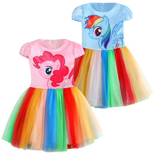 Little Pony Girls Dress 2023 Summer Cartoon Rainbow Mesh Fashion Princess Baby Dress Birthday Party Gift 2-8 Years Kids Clothes